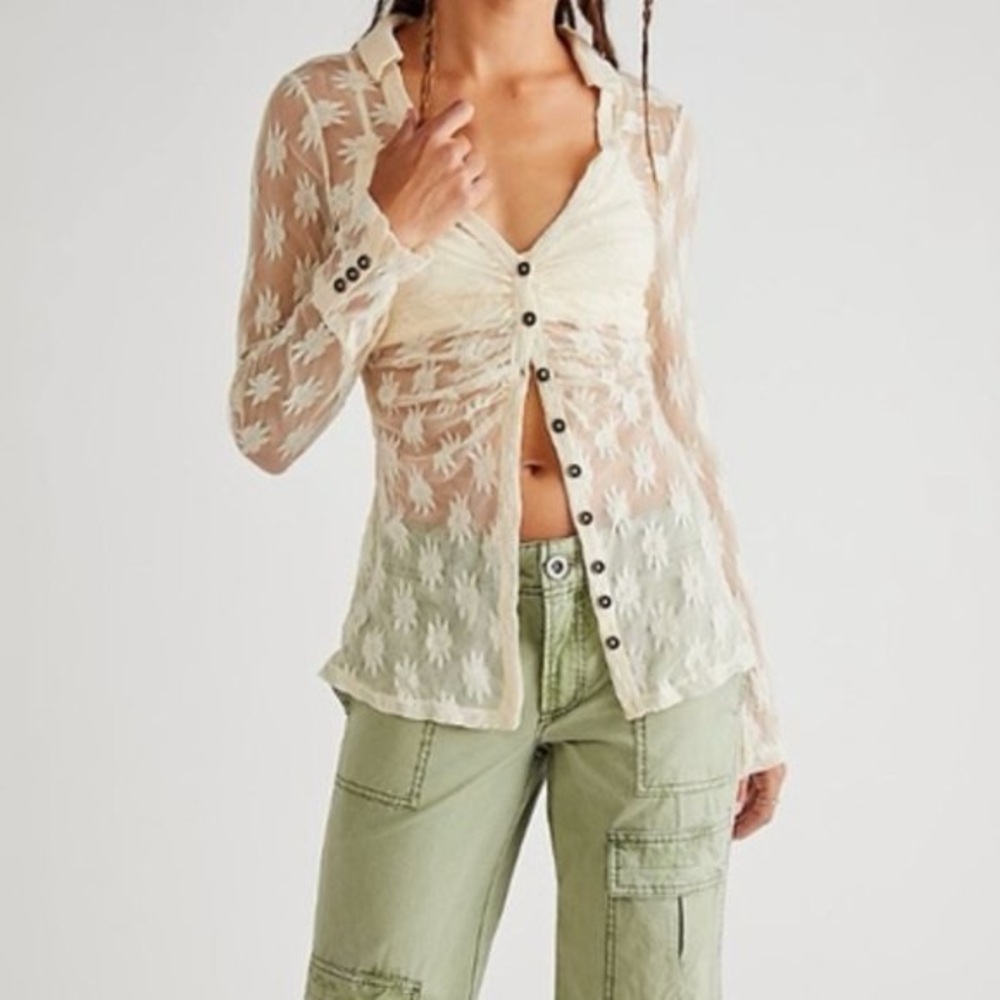 Free People Flower Fields Sheer Mesh Button-Front Shirt Cream Size XS